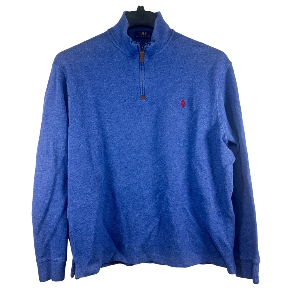 Polo Ralph Lauren Mens Blue Cotton Quarter Zip Pullover Sweater Large Red Pony